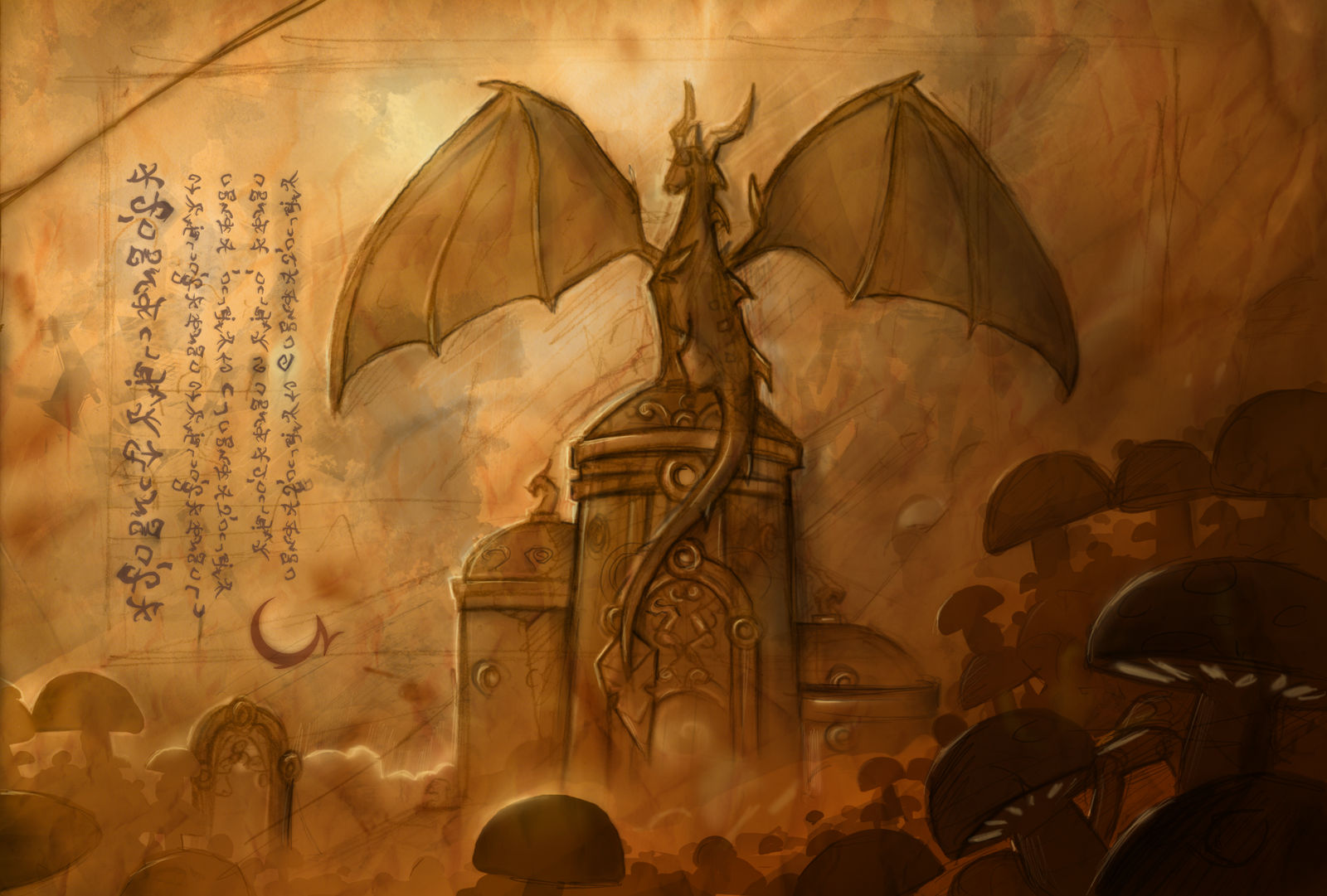Sepia artwork of a massive aether dragon perched on the roof of a temple. Dragon writing can be seen on the left side of the page.